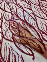 Beaded Sequin Lace on Mesh Burgundy