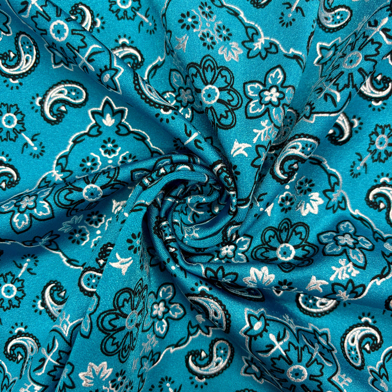 Teal Paisley Polyester Spandex Fabric - Teal Paisley Print, 58"/60" Width (1 Yard)