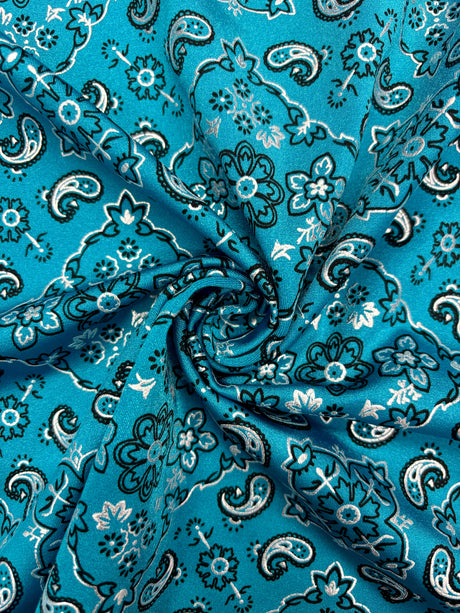 Teal Paisley Polyester Spandex Fabric - Teal Paisley Print, 58"/60" Width (1 Yard)