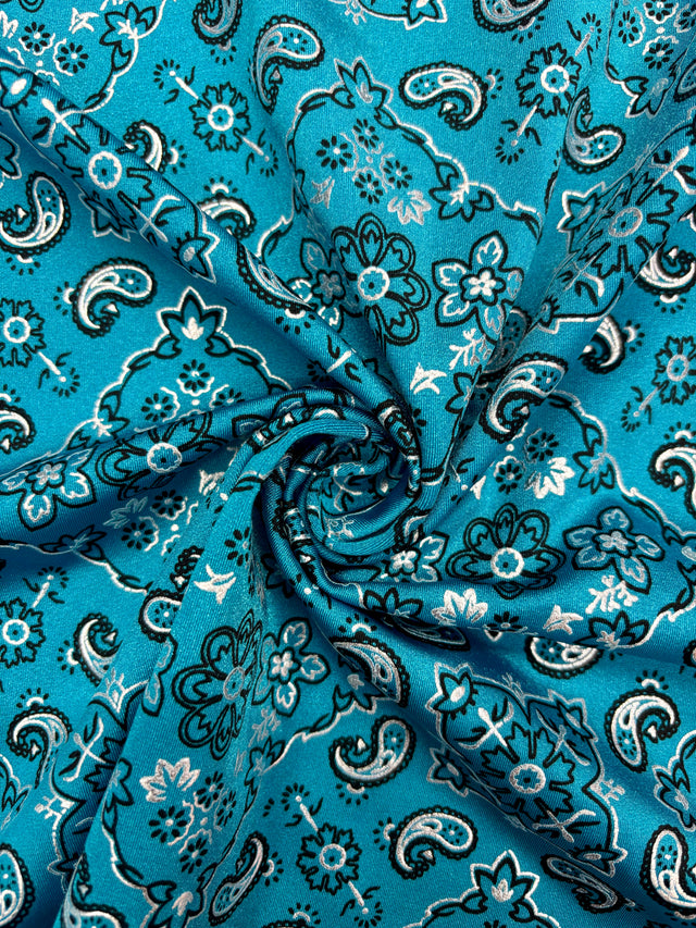 Teal Paisley Polyester Spandex Fabric - Teal Paisley Print, 58"/60" Width (1 Yard)