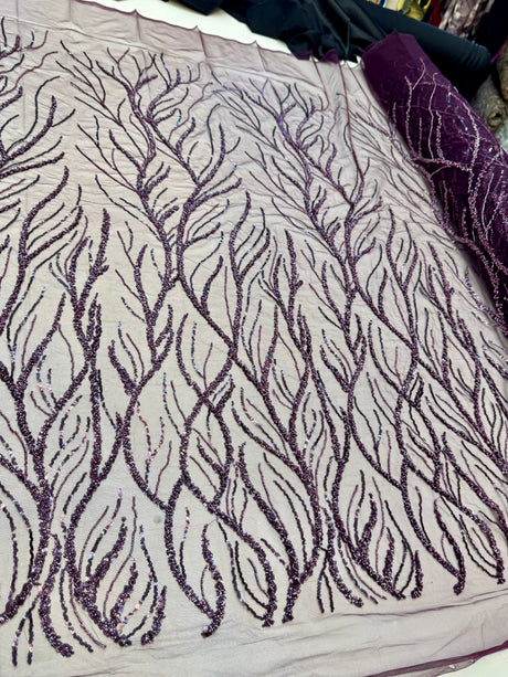 Beaded Sequin Lace on Mesh Lavender