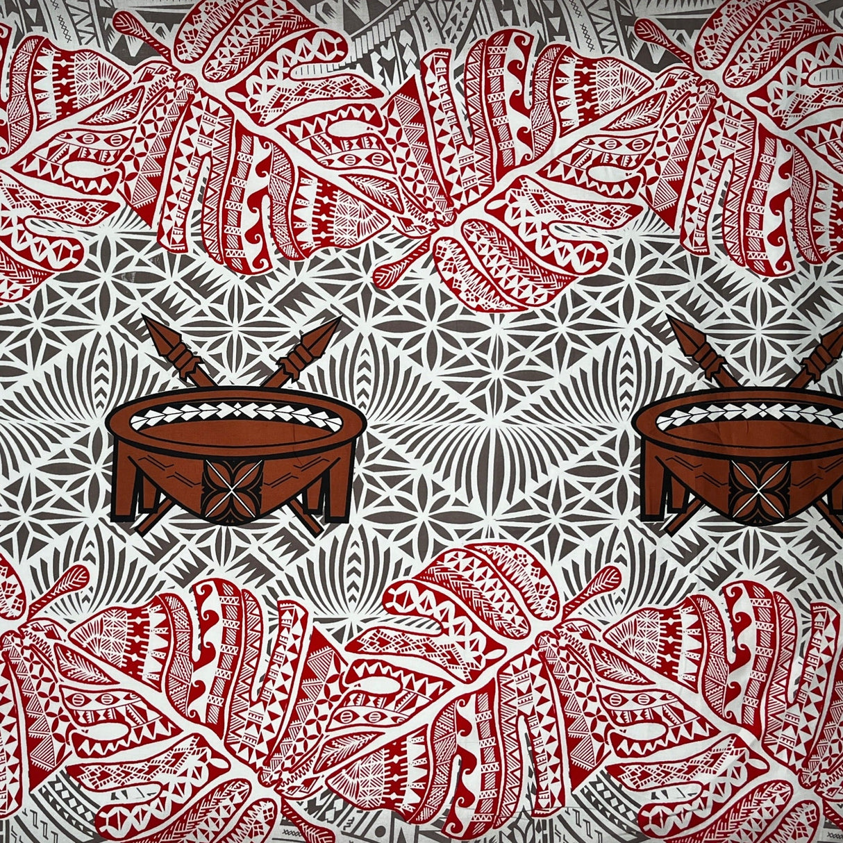 Monstera Double Border Cotton Fabric - Traditional Tongan Motifs, 36" X 45" (1 Yard)