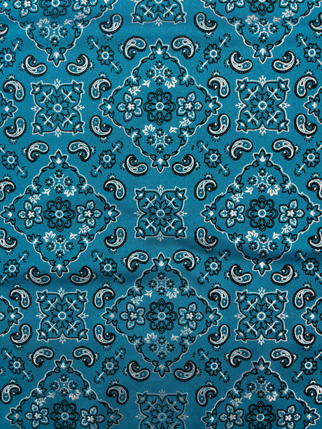 Teal Paisley Polyester Spandex Fabric - Teal Paisley Print, 58"/60" Width (1 Yard)