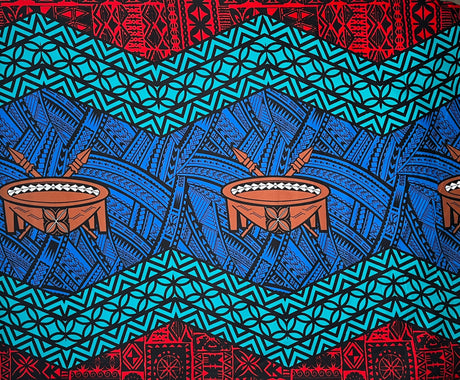 Traditional Tonga Tattoo Kava Bowl Center Cotton Fabric - Tattoo Border, Multi Color, 36" X 45" (1 Yard)