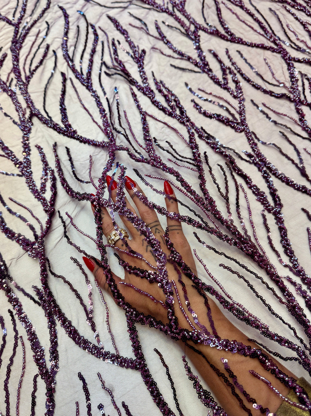 Beaded Sequin Lace on Mesh Lavender