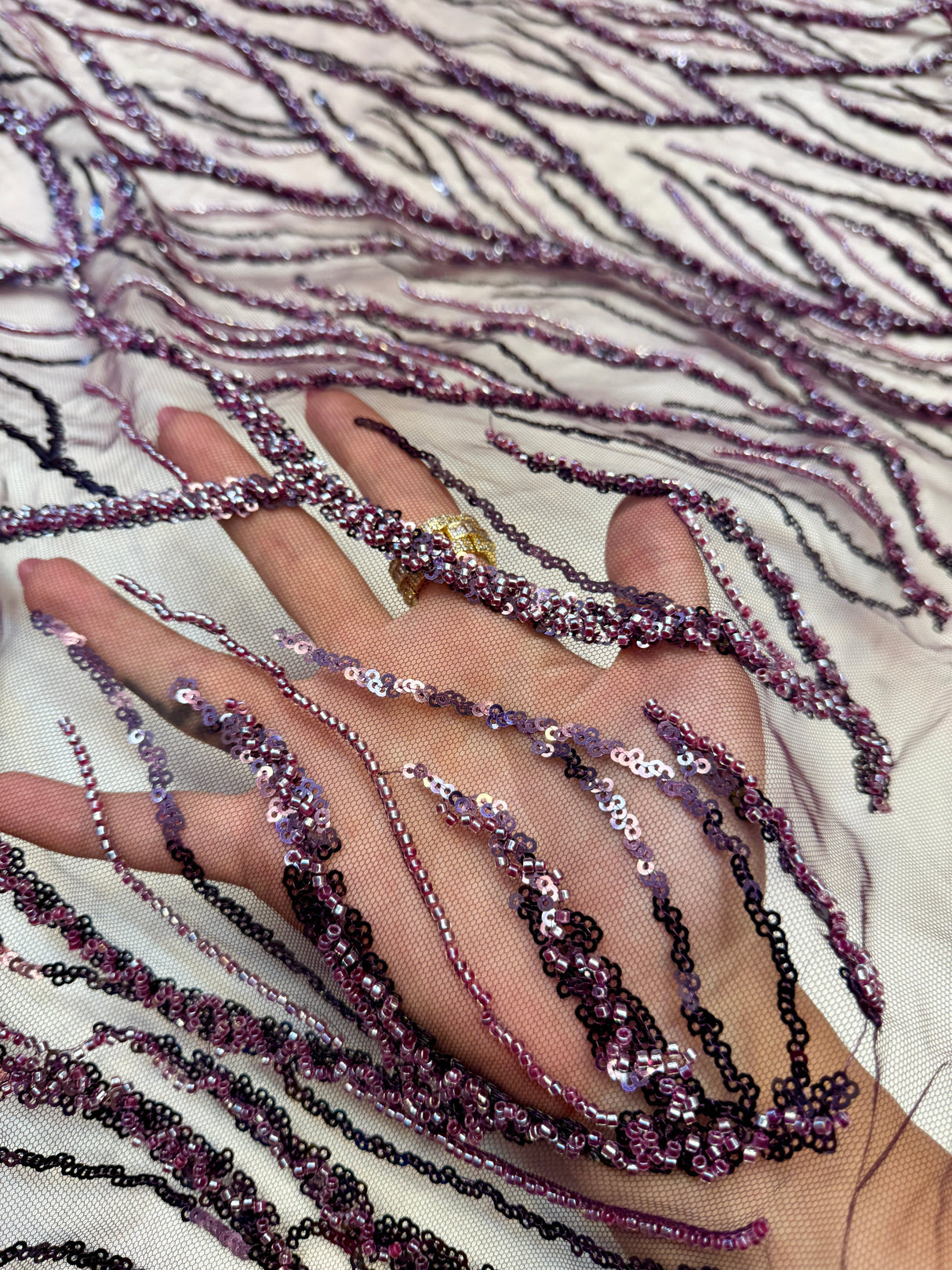 Beaded Sequin Lace on Mesh Lavender