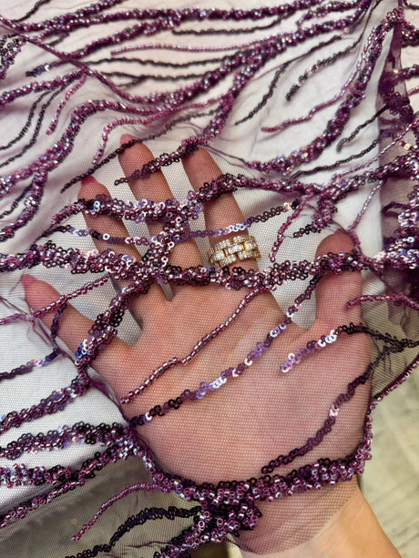 Beaded Sequin Lace on Mesh Lavender