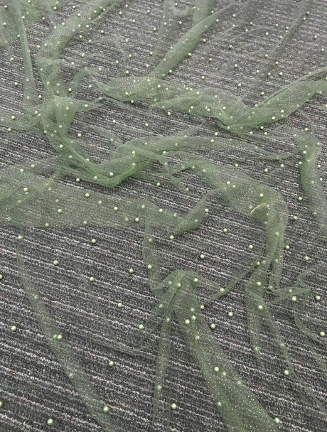 Pearl Beaded Tulle Mesh in Light Green