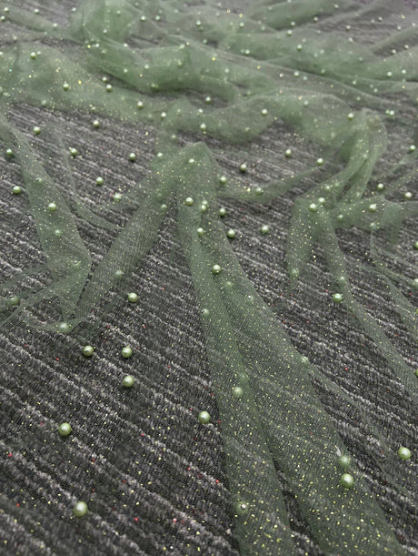 Pearl Beaded Tulle Mesh in Light Green