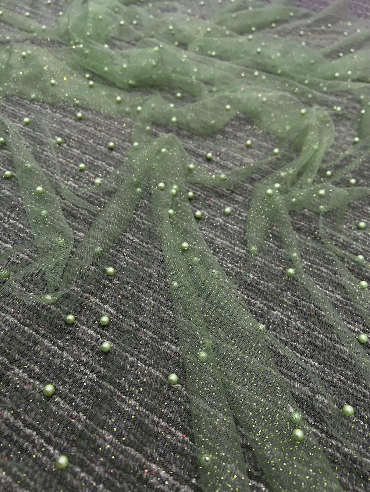 Pearl Beaded Tulle Mesh in Light Green