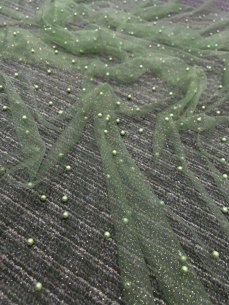 Pearl Beaded Tulle Mesh in Light Green