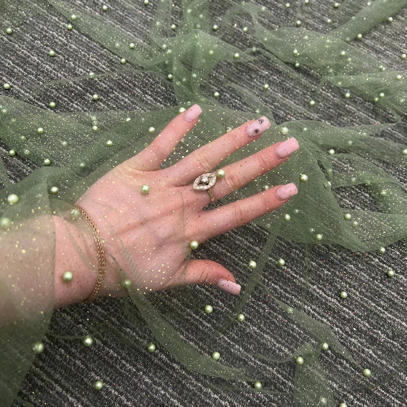 Pearl Beaded Tulle Mesh in Light Green