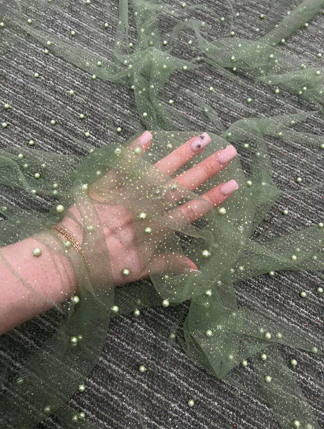Pearl Beaded Tulle Mesh in Light Green