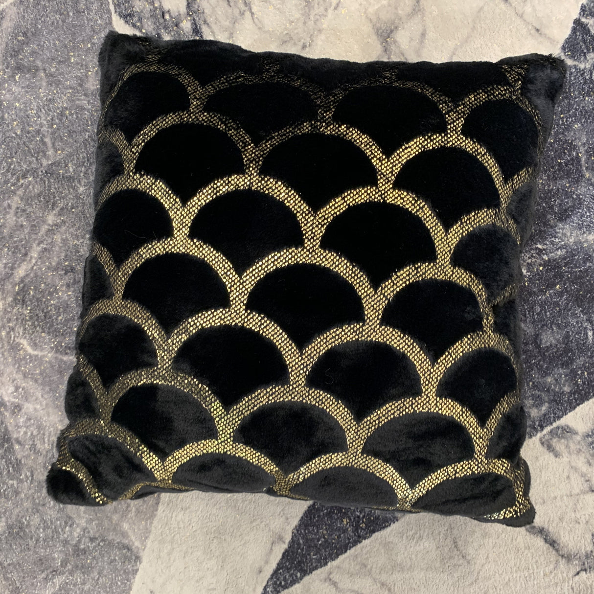 Golden Faux Fur Glow Fluffy Pillow Polyester Fabric - Black Moon With Gold Foil, 20" X 20" (1 Pillow)