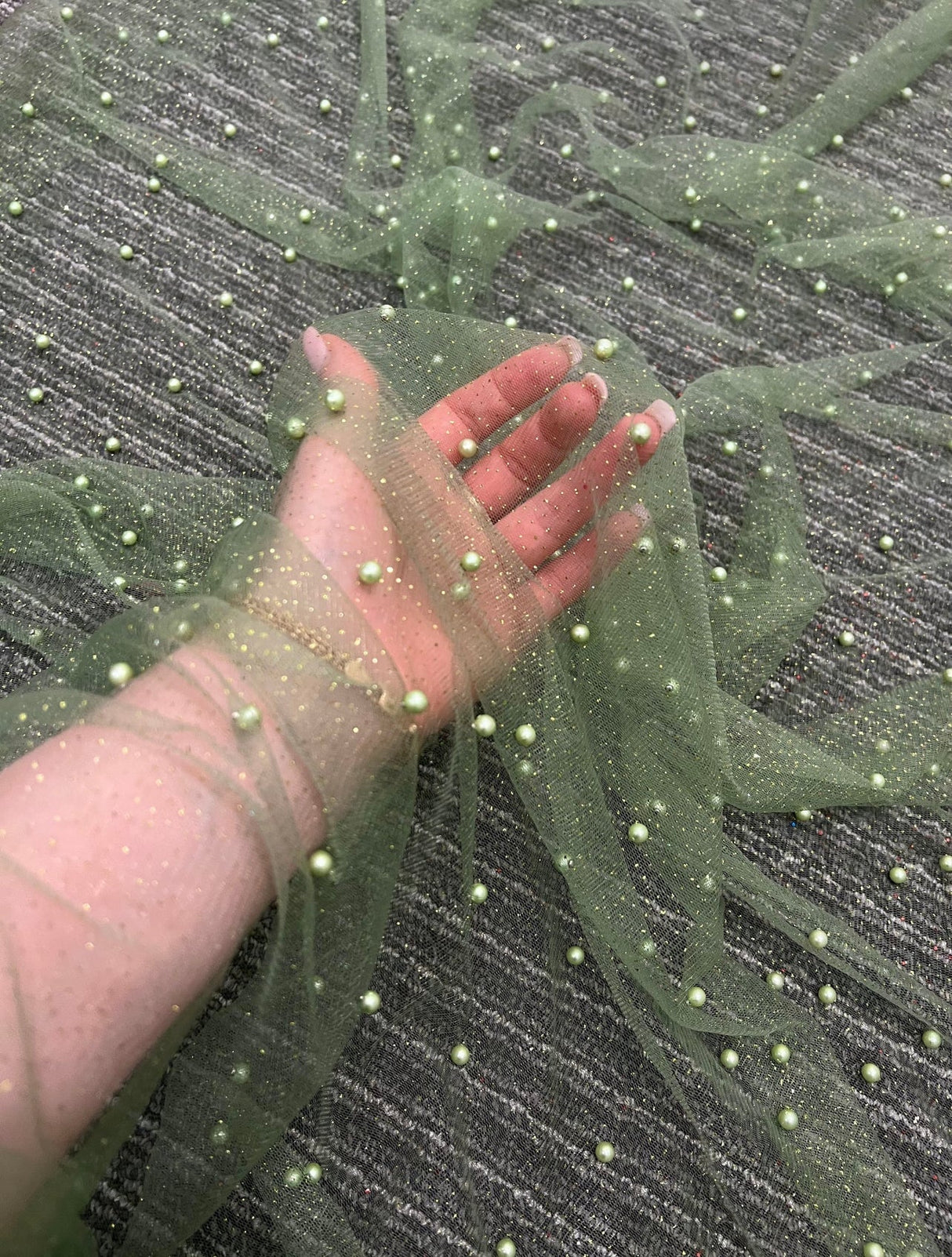 Pearl Beaded Tulle Mesh in Light Green