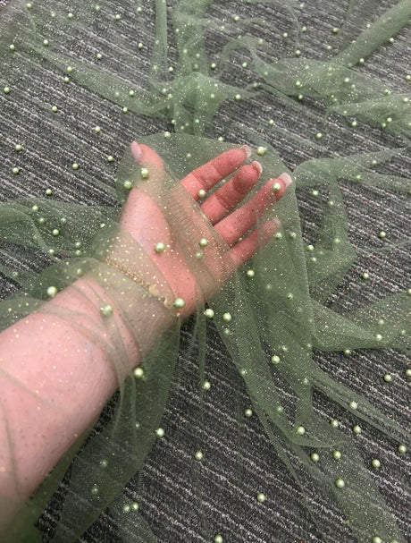 Pearl Beaded Tulle Mesh in Light Green