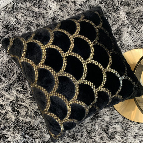 Golden Faux Fur Glow Fluffy Pillow Polyester Fabric - Black Moon With Gold Foil, 20" X 20" (1 Pillow)