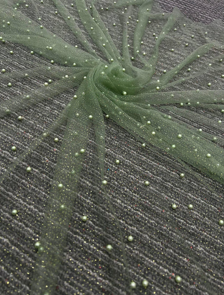 Pearl Beaded Tulle Mesh in Light Green