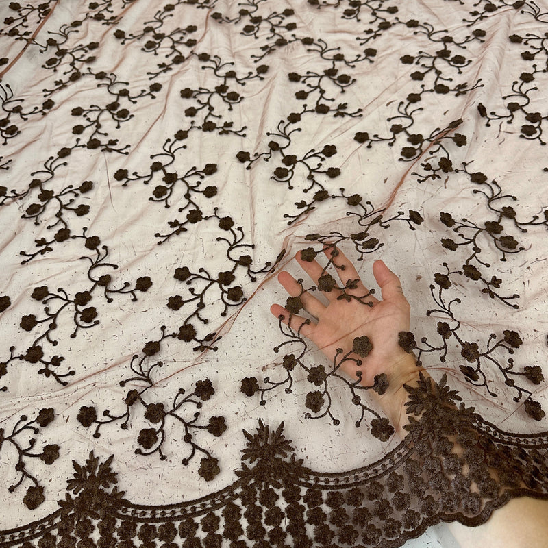Brown Floral Embroidered Lace