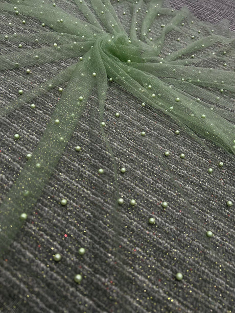 Pearl Beaded Tulle Mesh in Light Green