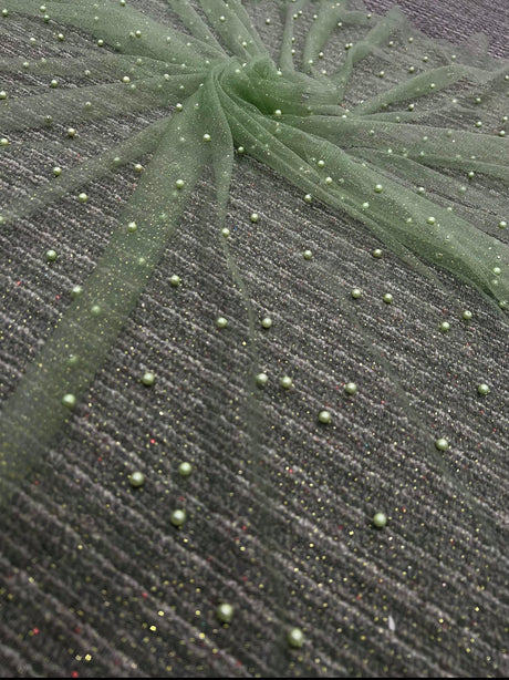 Pearl Beaded Tulle Mesh in Light Green