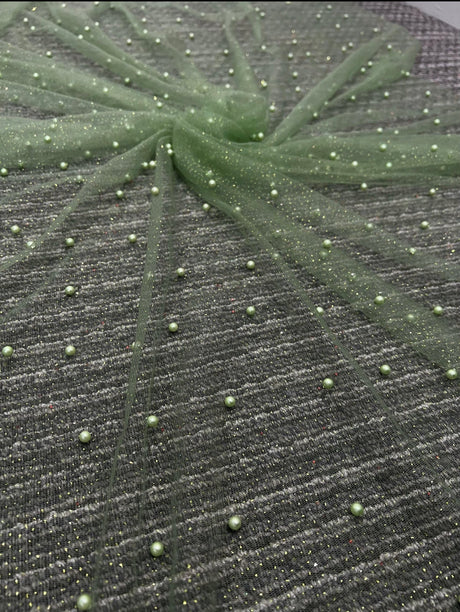 Pearl Beaded Tulle Mesh in Light Green