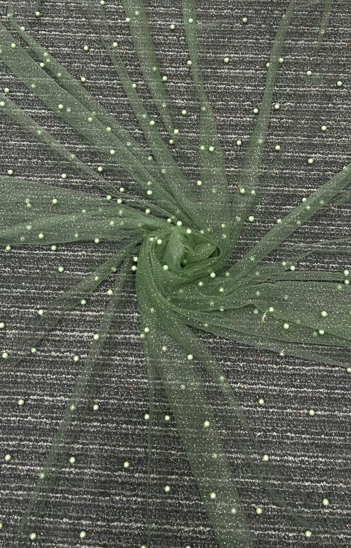 Pearl Beaded Tulle Mesh in Light Green