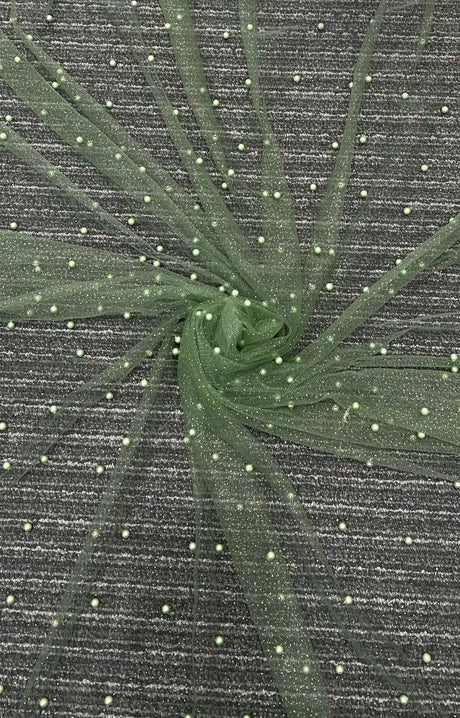 Pearl Beaded Tulle Mesh in Light Green