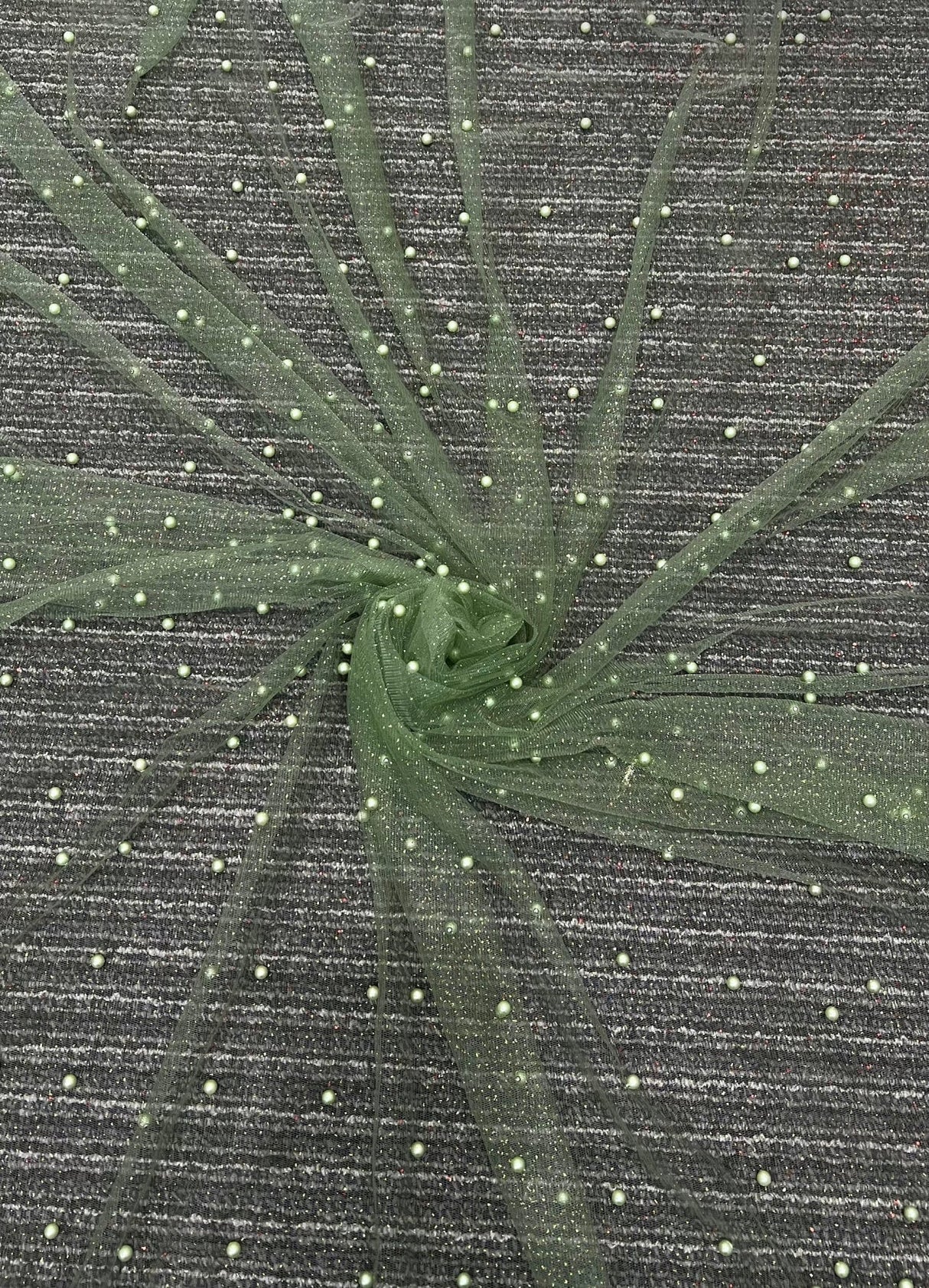 Pearl Beaded Tulle Mesh in Light Green