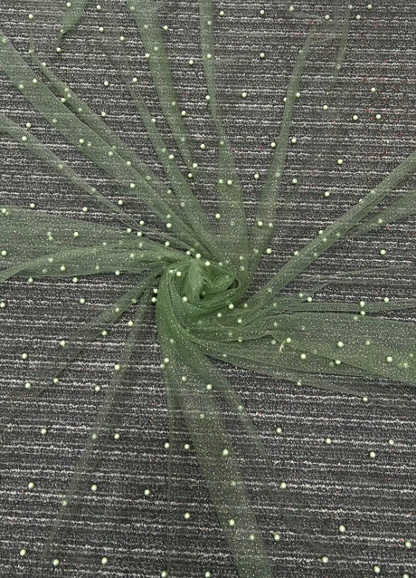 Pearl Beaded Tulle Mesh in Light Green