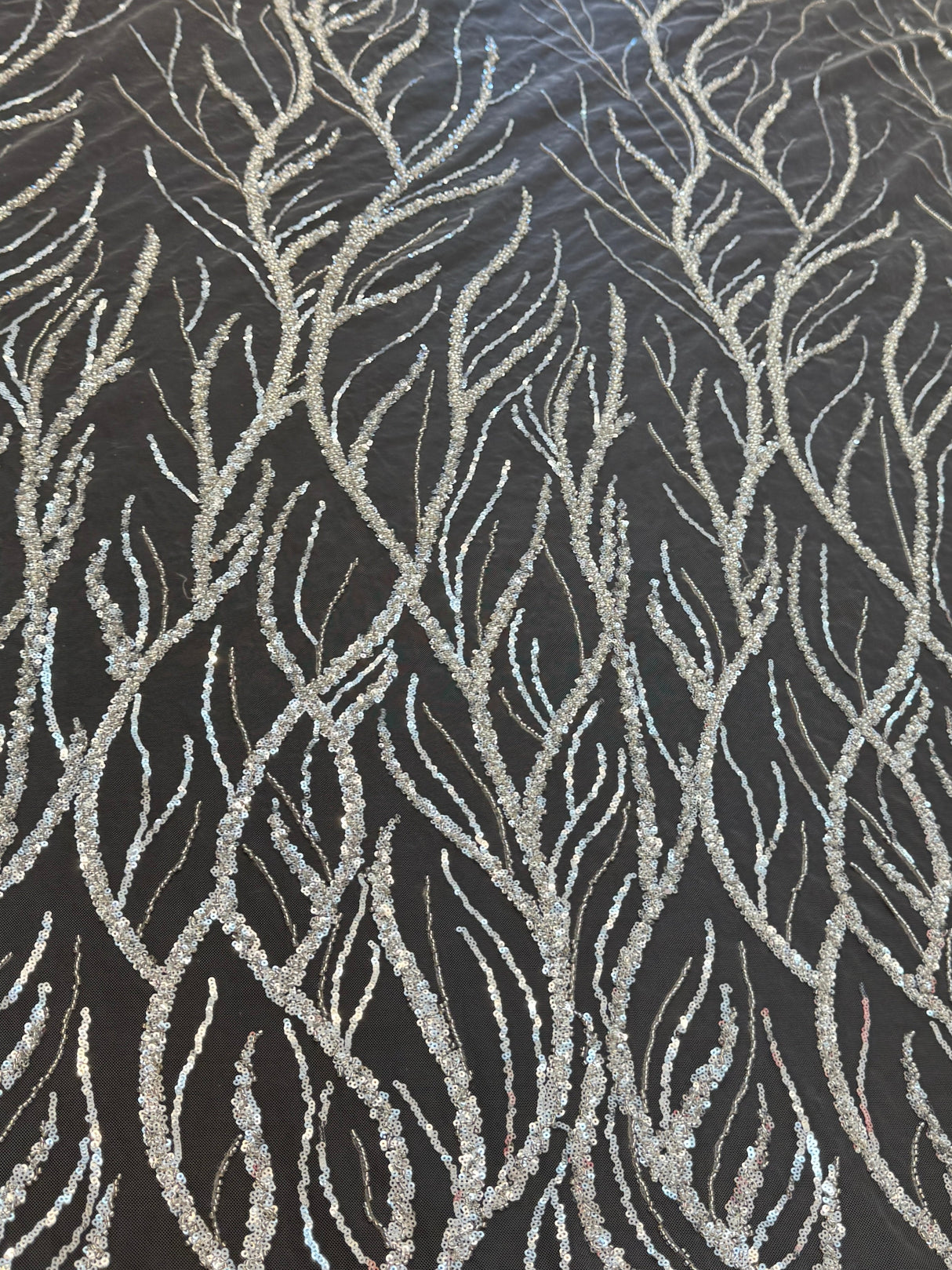 Beaded Sequin Lace on Mesh Silver