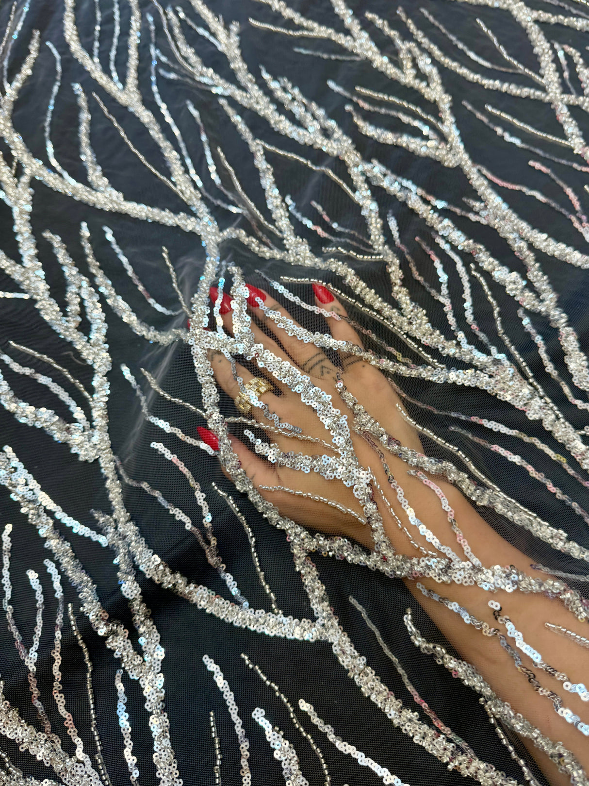 Beaded Sequin Lace on Mesh Silver