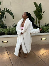 Faux Fur Luxury Long Sleeve Robe Coat - Off White, Plush Faux Fur, Long Sleeve, S/M, L/XL (1 Piece)