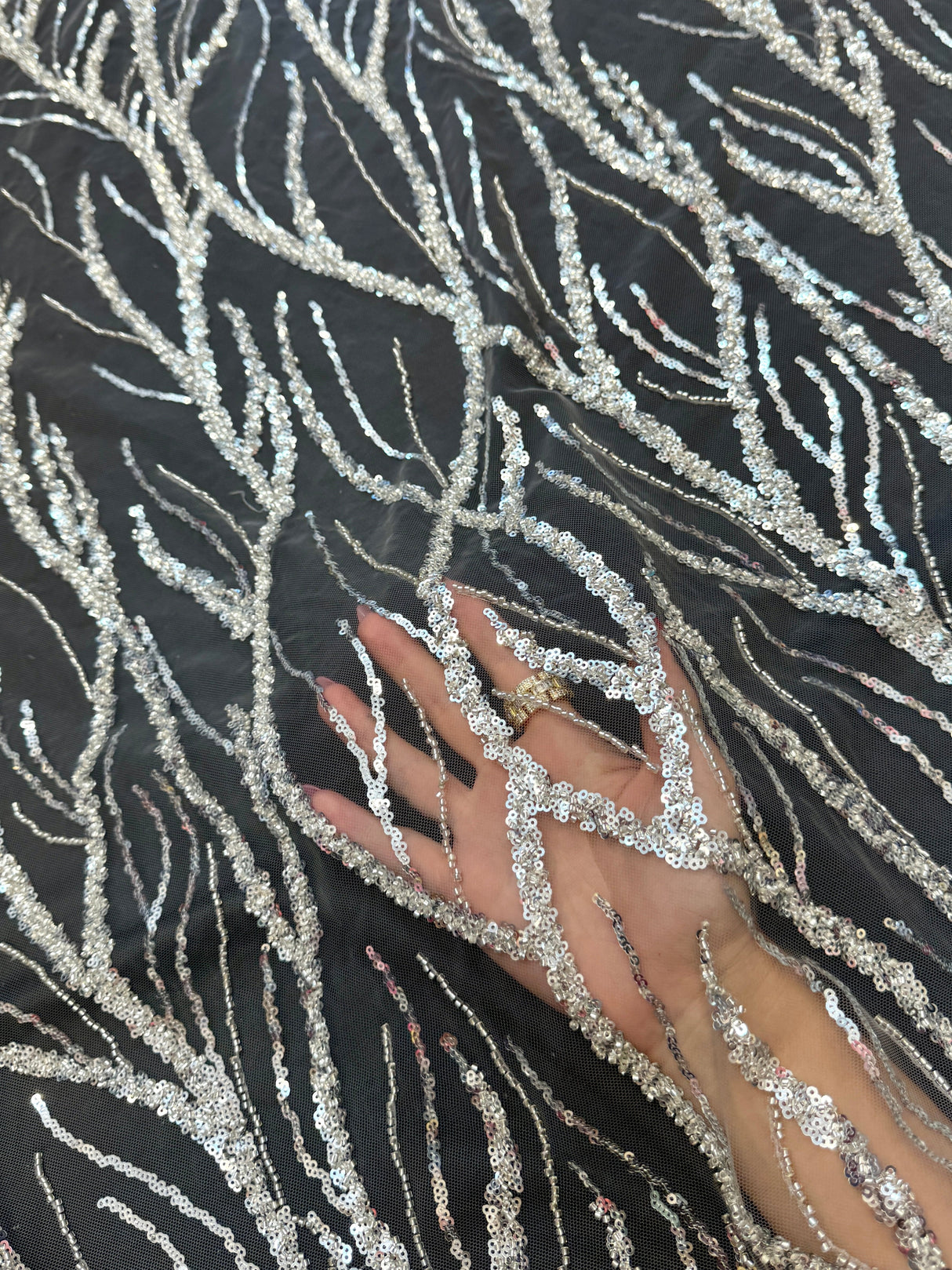 Beaded Sequin Lace on Mesh Silver