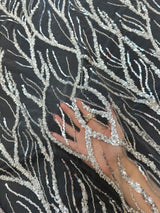 Beaded Sequin Lace on Mesh Silver