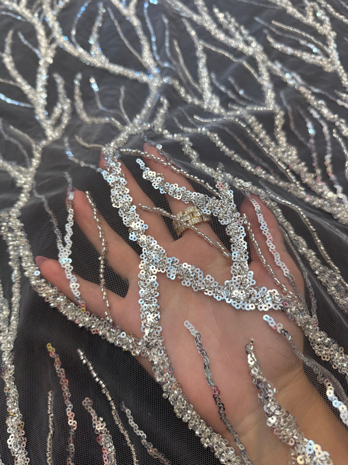Beaded Sequin Lace on Mesh Silver