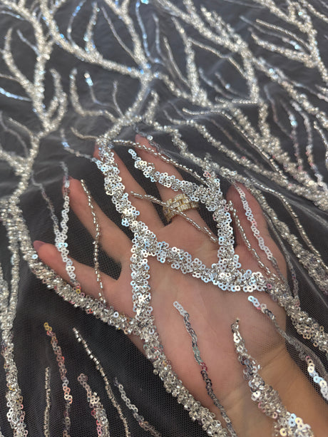 Beaded Sequin Lace on Mesh Silver