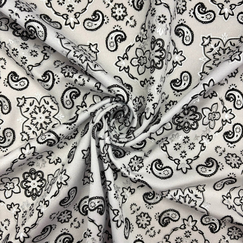 White Paisley Polyester Spandex Fabric - White Paisley Print, 58"/60" Width (1 Yard)