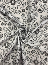 White Paisley Polyester Spandex Fabric - White Paisley Print, 58"/60" Width (1 Yard)
