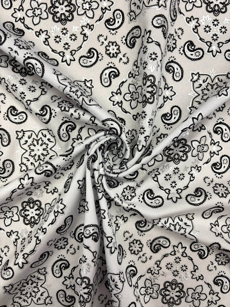 White Paisley Polyester Spandex Fabric - White Paisley Print, 58"/60" Width (1 Yard)