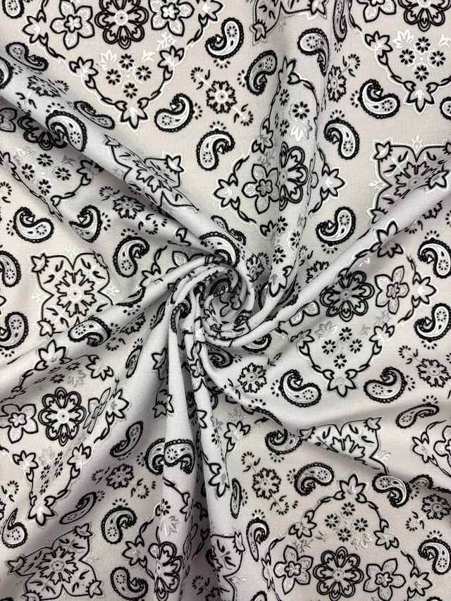 White Paisley Polyester Spandex Fabric - White Paisley Print, 58"/60" Width (1 Yard)