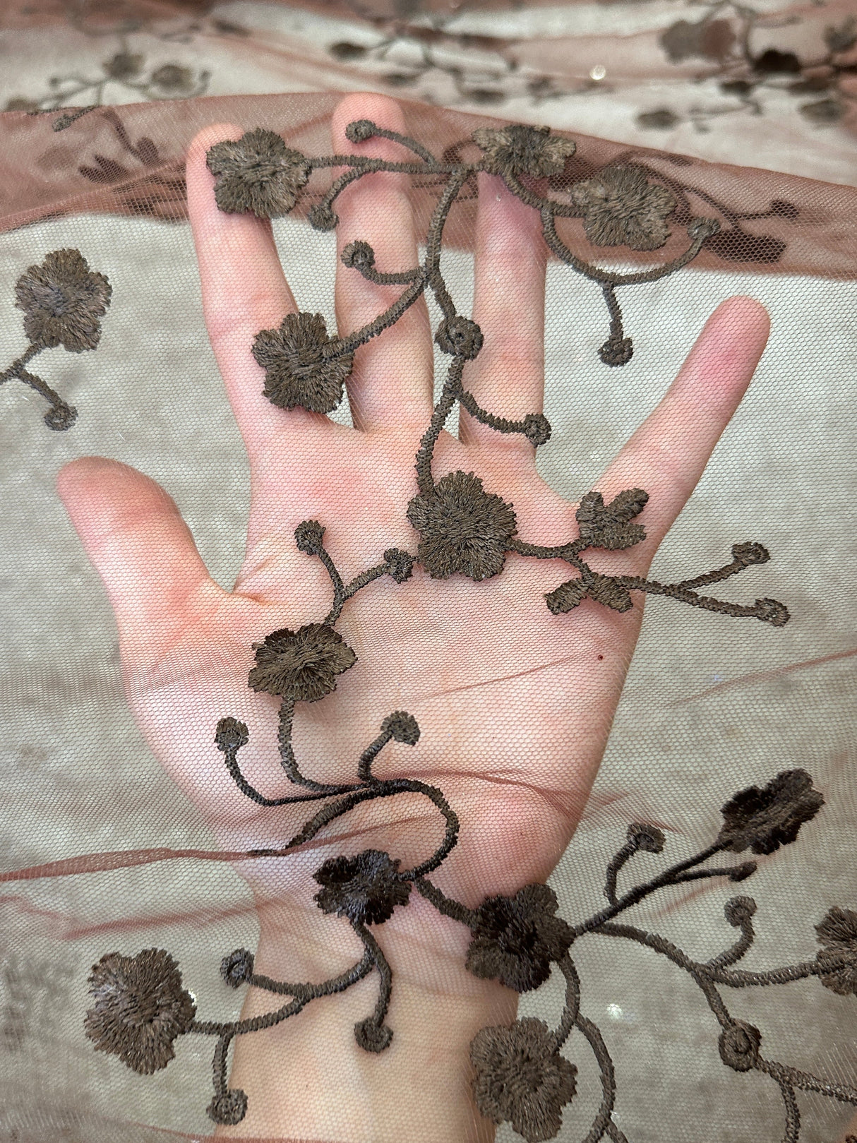Brown Floral Embroidered Lace