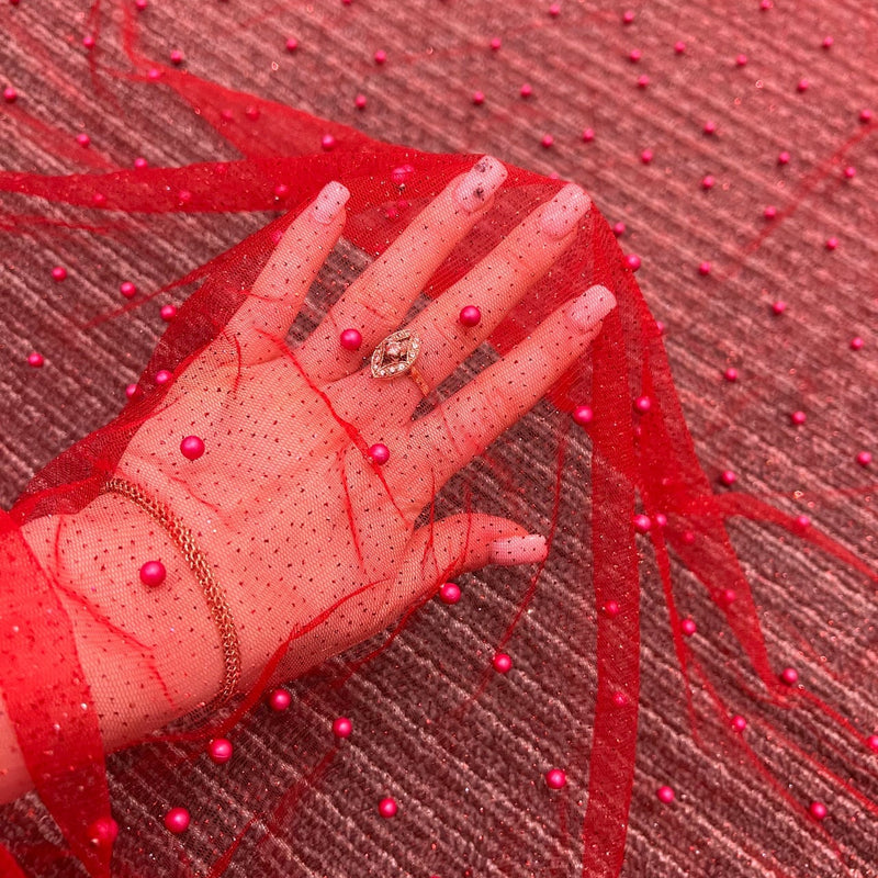 Beaded Pearl Tulle Mesh Red