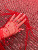 Beaded Pearl Tulle Mesh Red