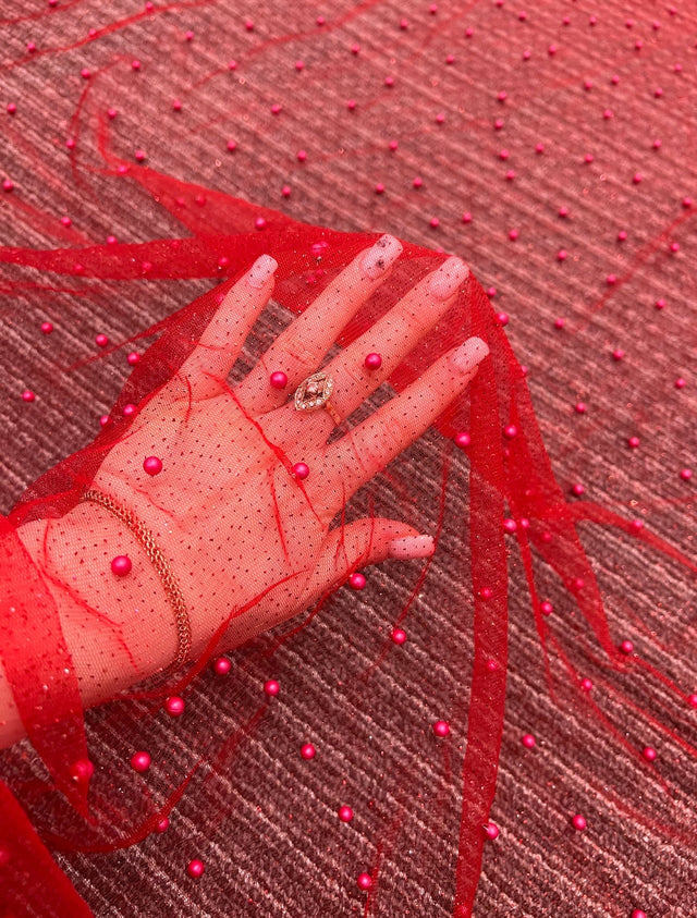Beaded Pearl Tulle Mesh Red