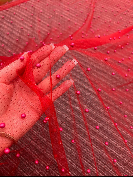 Beaded Pearl Tulle Mesh Red
