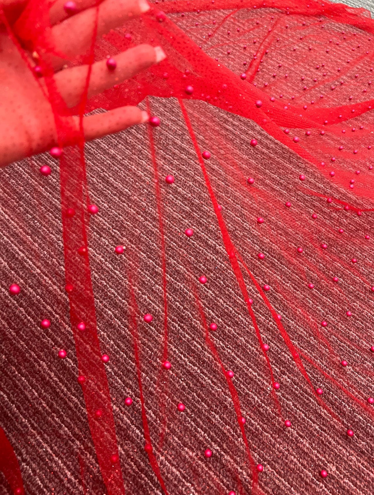 Beaded Pearl Tulle Mesh Red