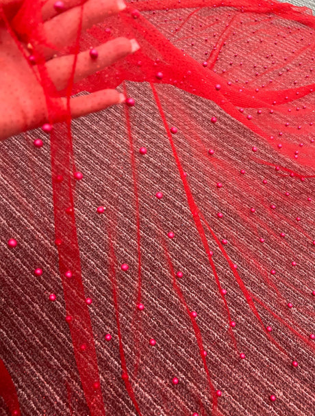 Beaded Pearl Tulle Mesh Red