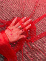 Beaded Pearl Tulle Mesh Red