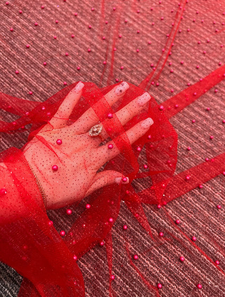 Beaded Pearl Tulle Mesh Red